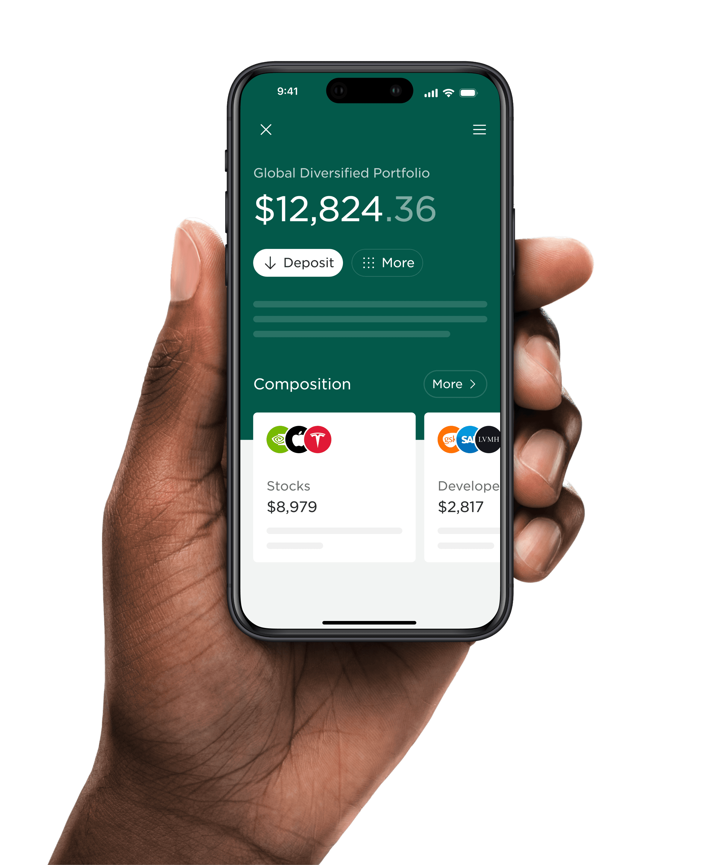 Hand holding phone with investing experience on screen