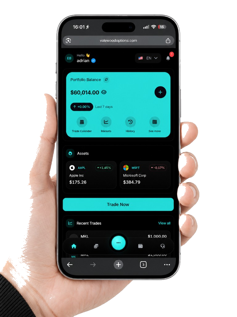 Hand holding phone displaying Vale Wood Options trading app